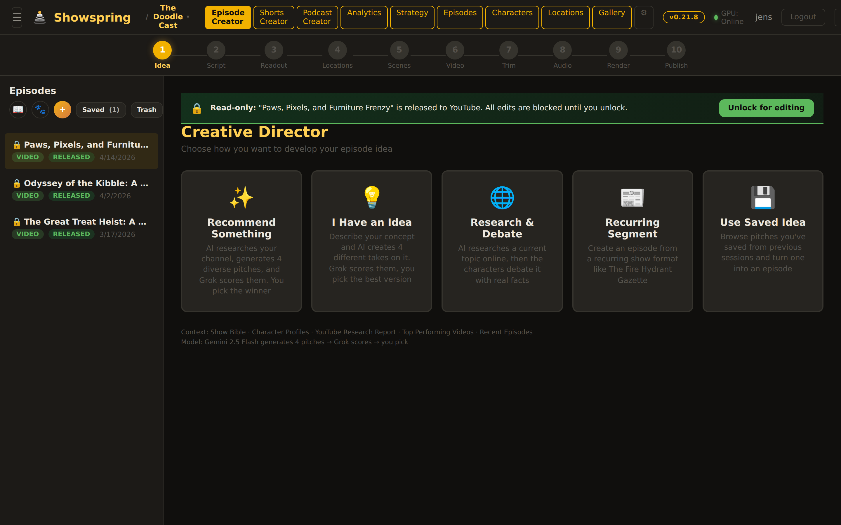 Showspring workspace with Creative Director panel