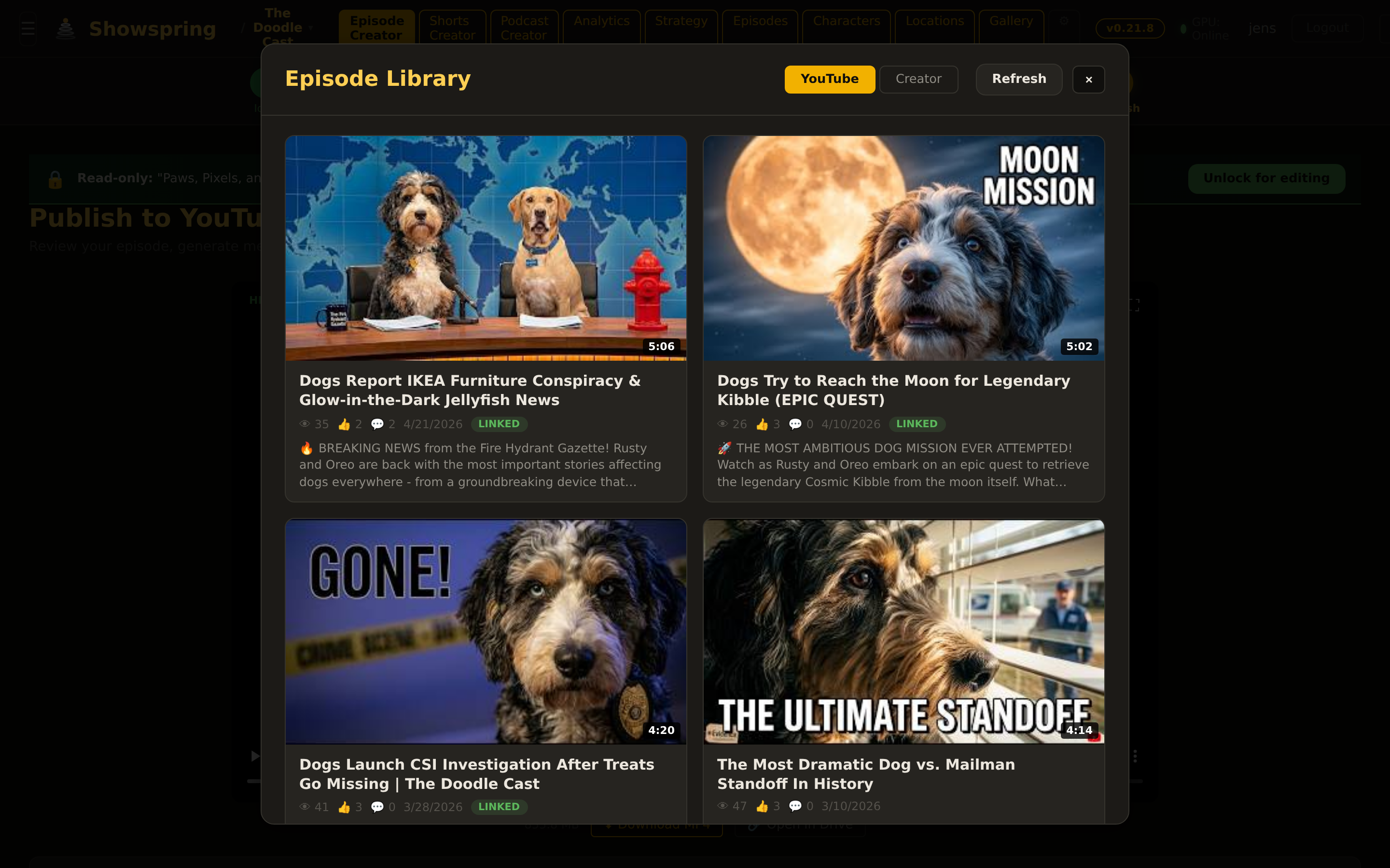 Episode library — every episode and short for The Doodle Cast, with status, render progress, and published state.