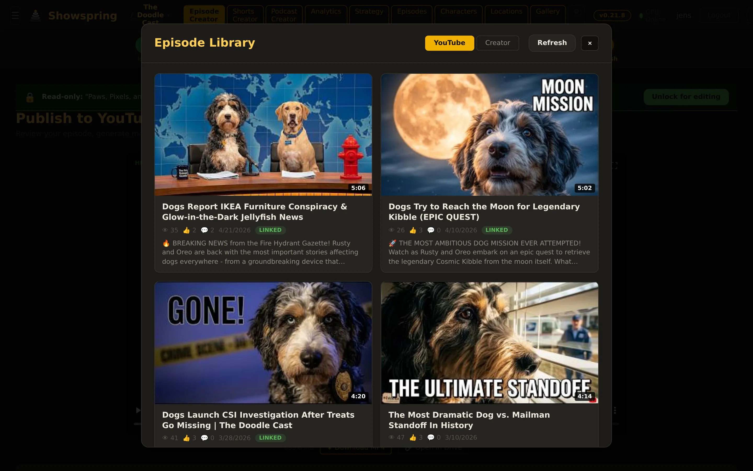 Episode library — every episode and short for The Doodle Cast, with status, render progress, and published state.