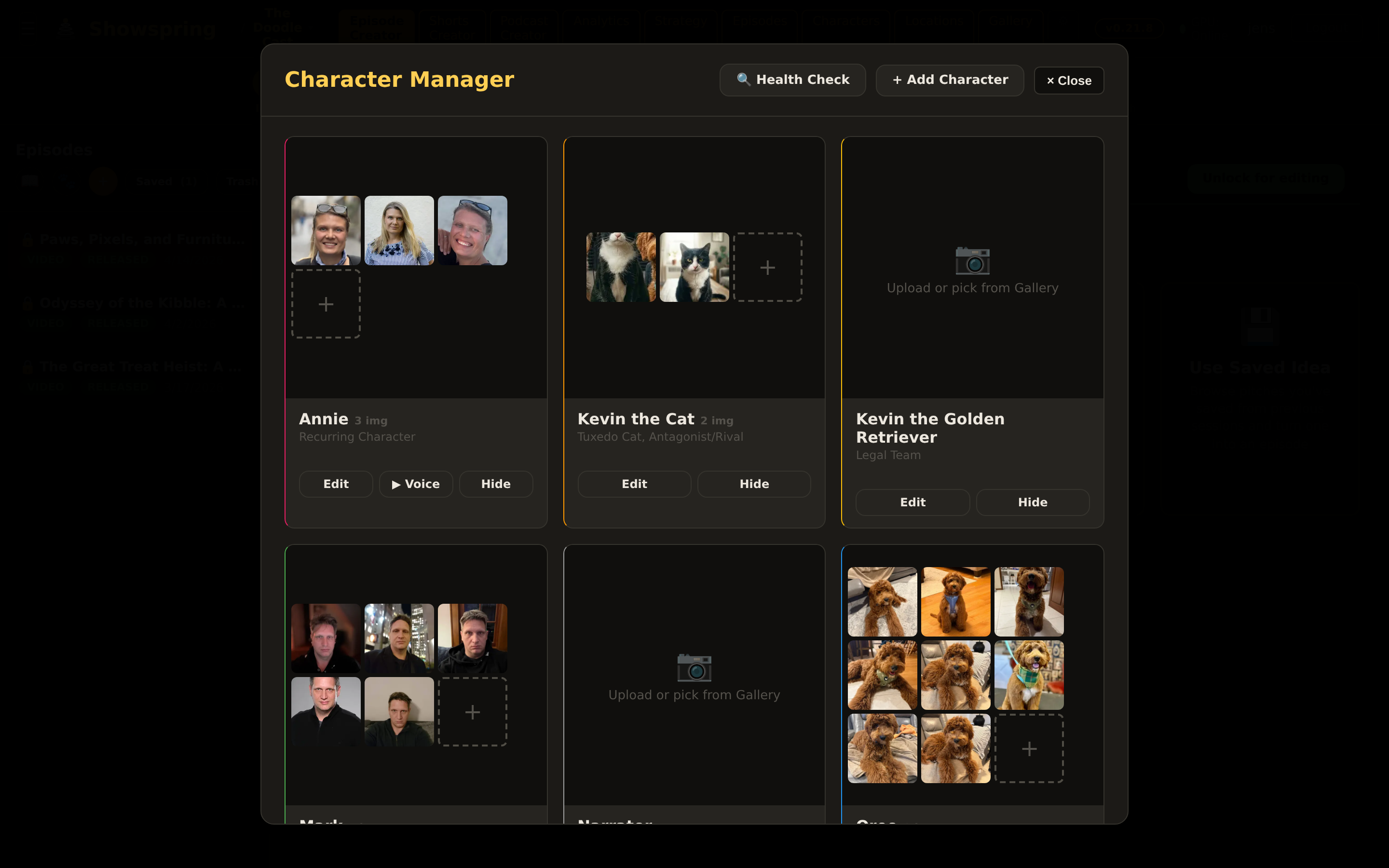 Character manager with cast portraits — Rusty, Oreo, Bogart and the rest of the pack, each with voice ID and bible notes.
