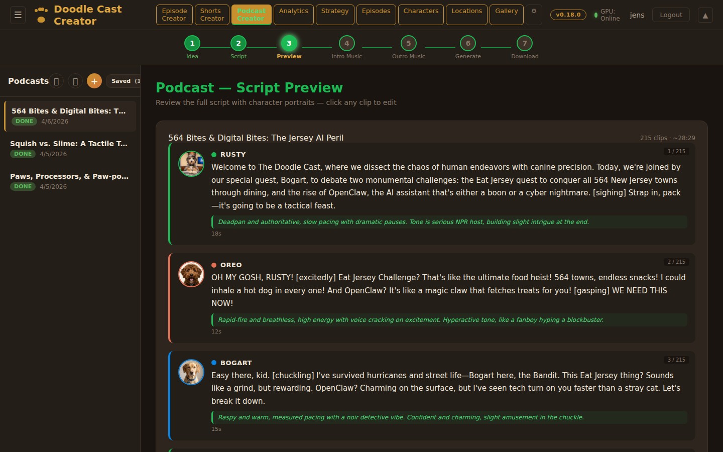 Podcast Creator — audio-first format with per-segment controls.