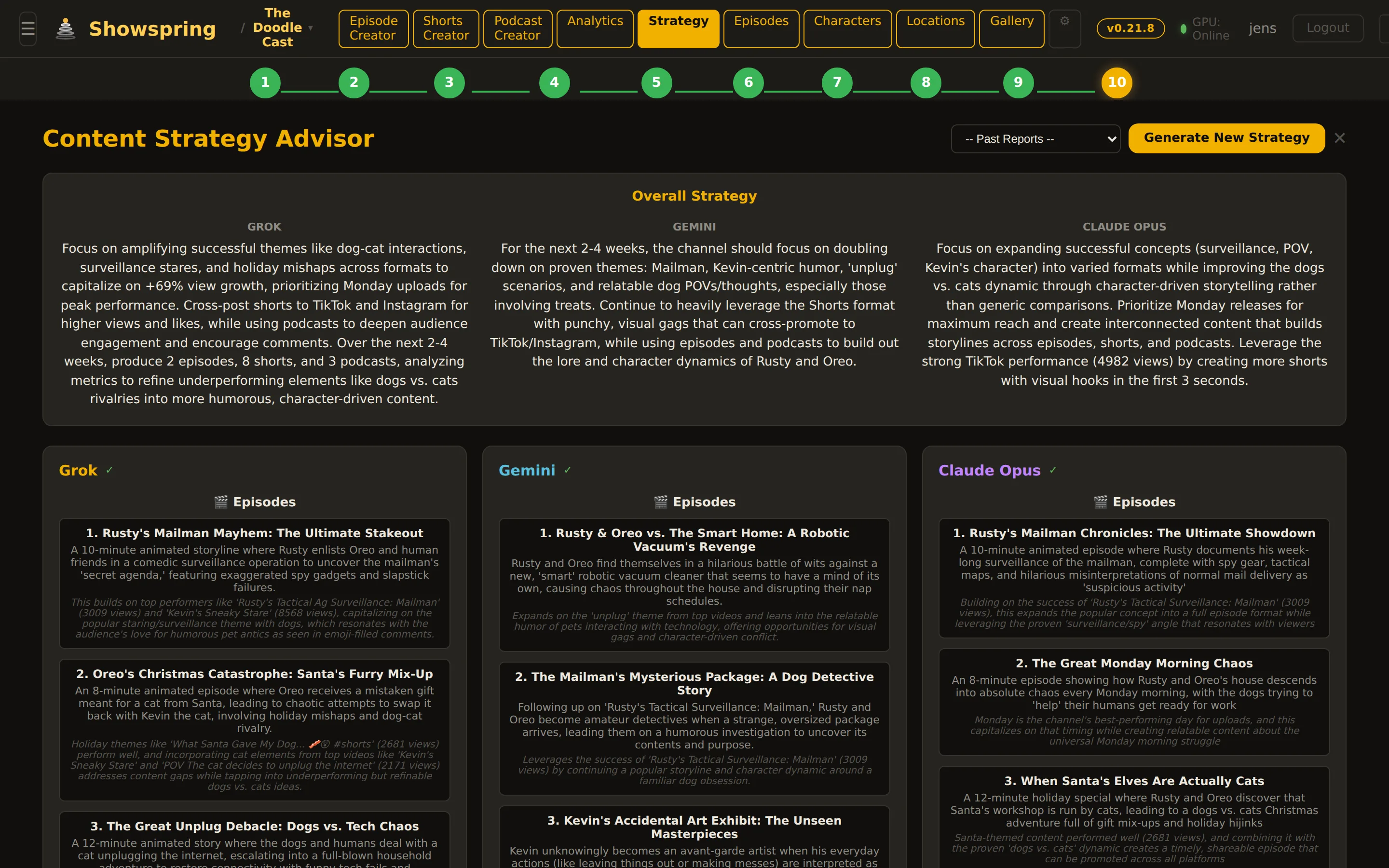 Strategy advisor — three LLMs score current channel output and suggest next episode themes.