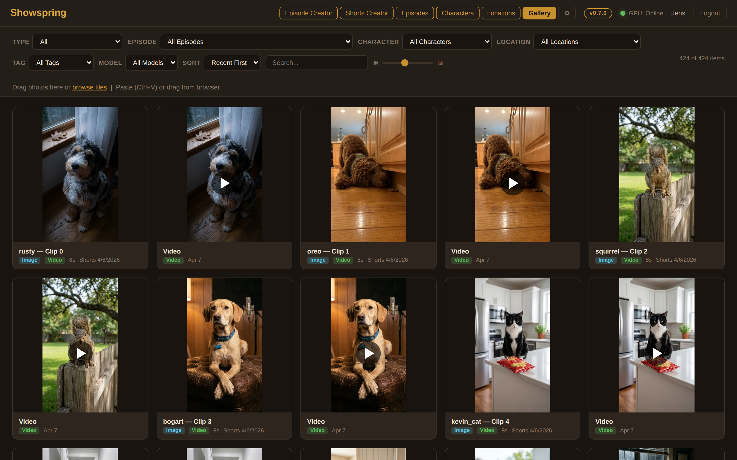 Media gallery — every generated still and video frame indexed and searchable.