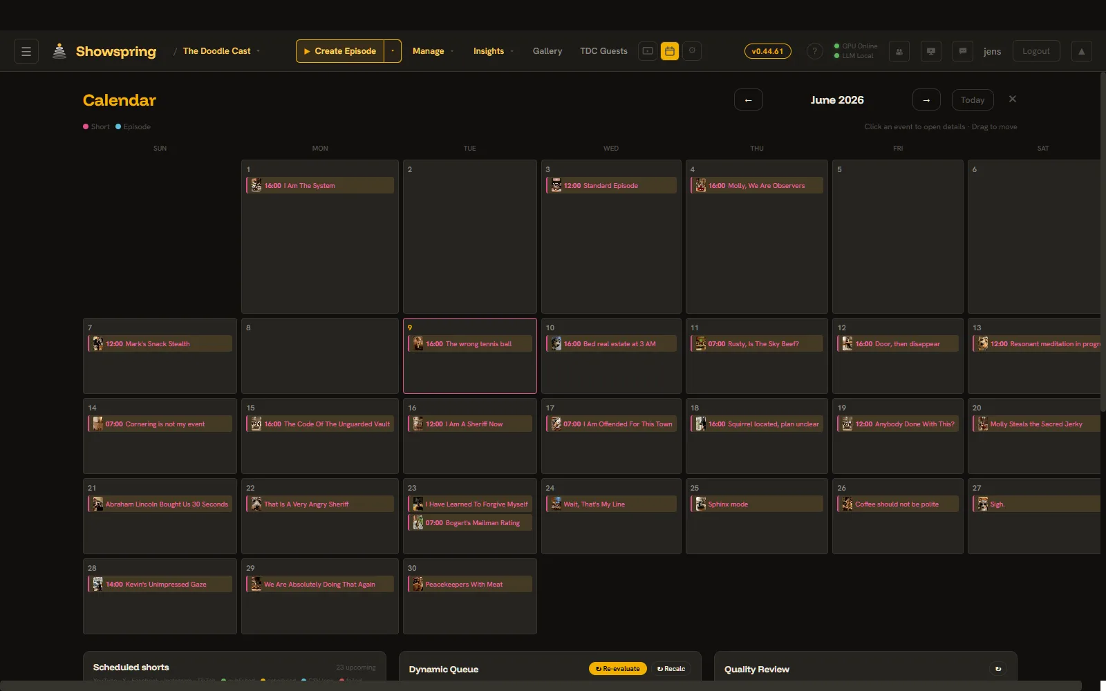 Unified publish calendar showing a month of scheduled shorts and episodes with drag-to-move