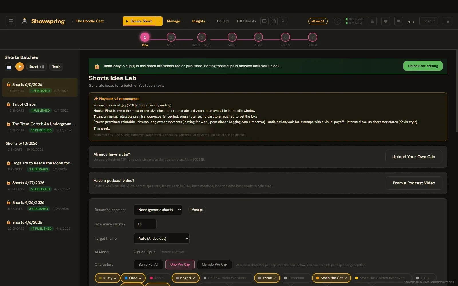 Shorts Idea Lab with batch list, playbook recommendations, and cast selection