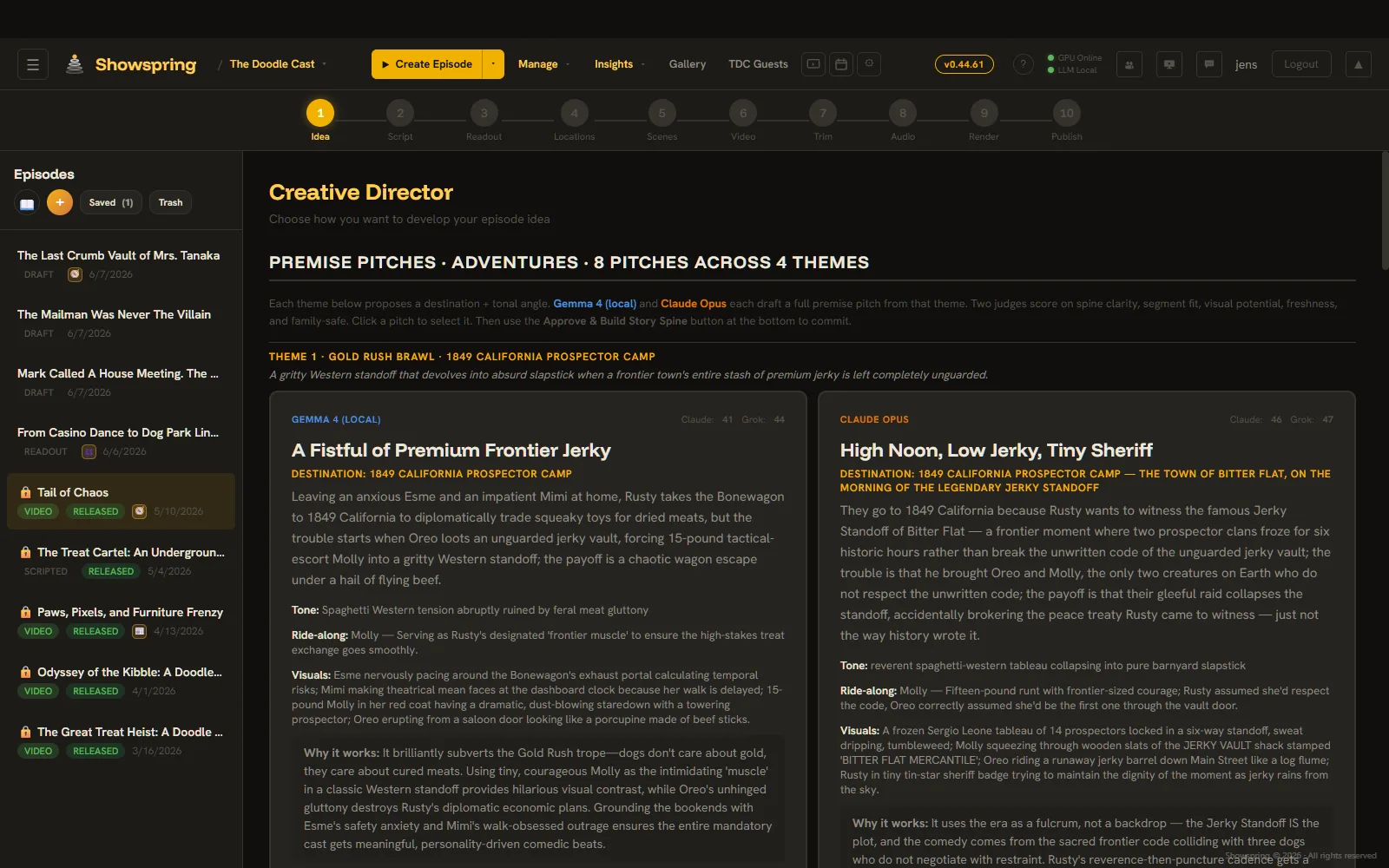 Creative Director panel showing eight premise pitches across four themes, with per-writer model labels and judge verdicts
