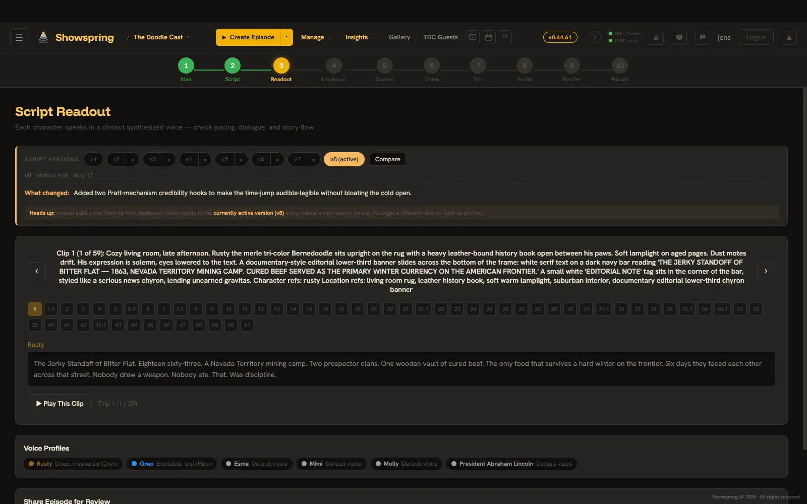 Script Readout panel showing per-clip audio, scene description, dialogue, and per-character voice profiles