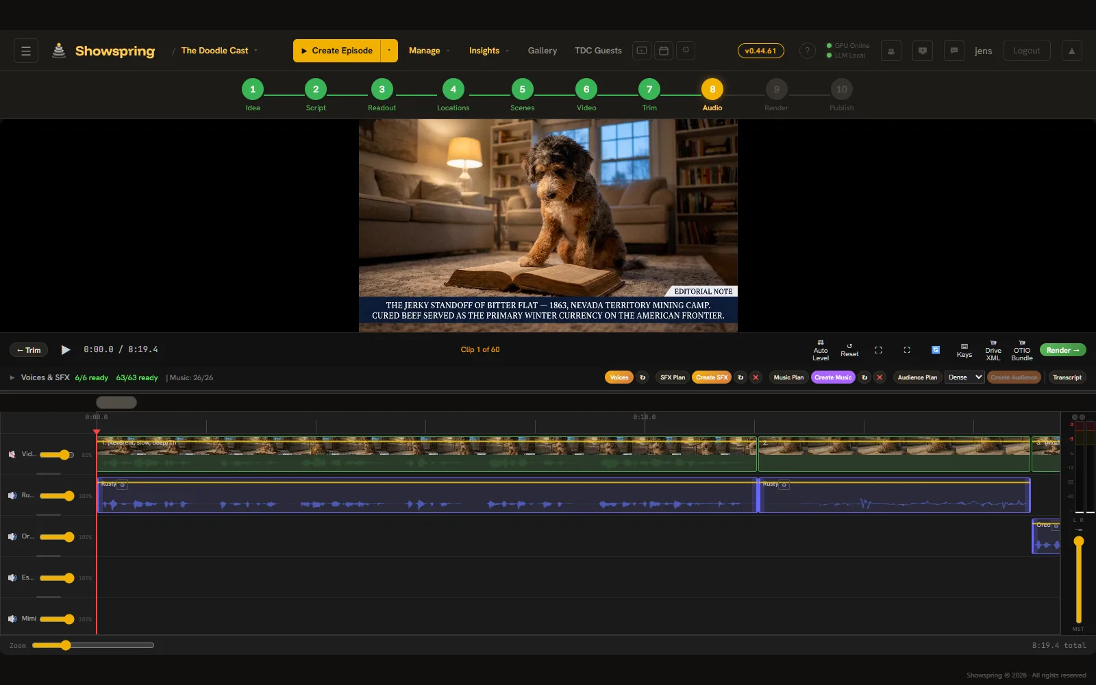 Multi-track audio timeline with video preview, voice, SFX, music, and audience reaction lanes