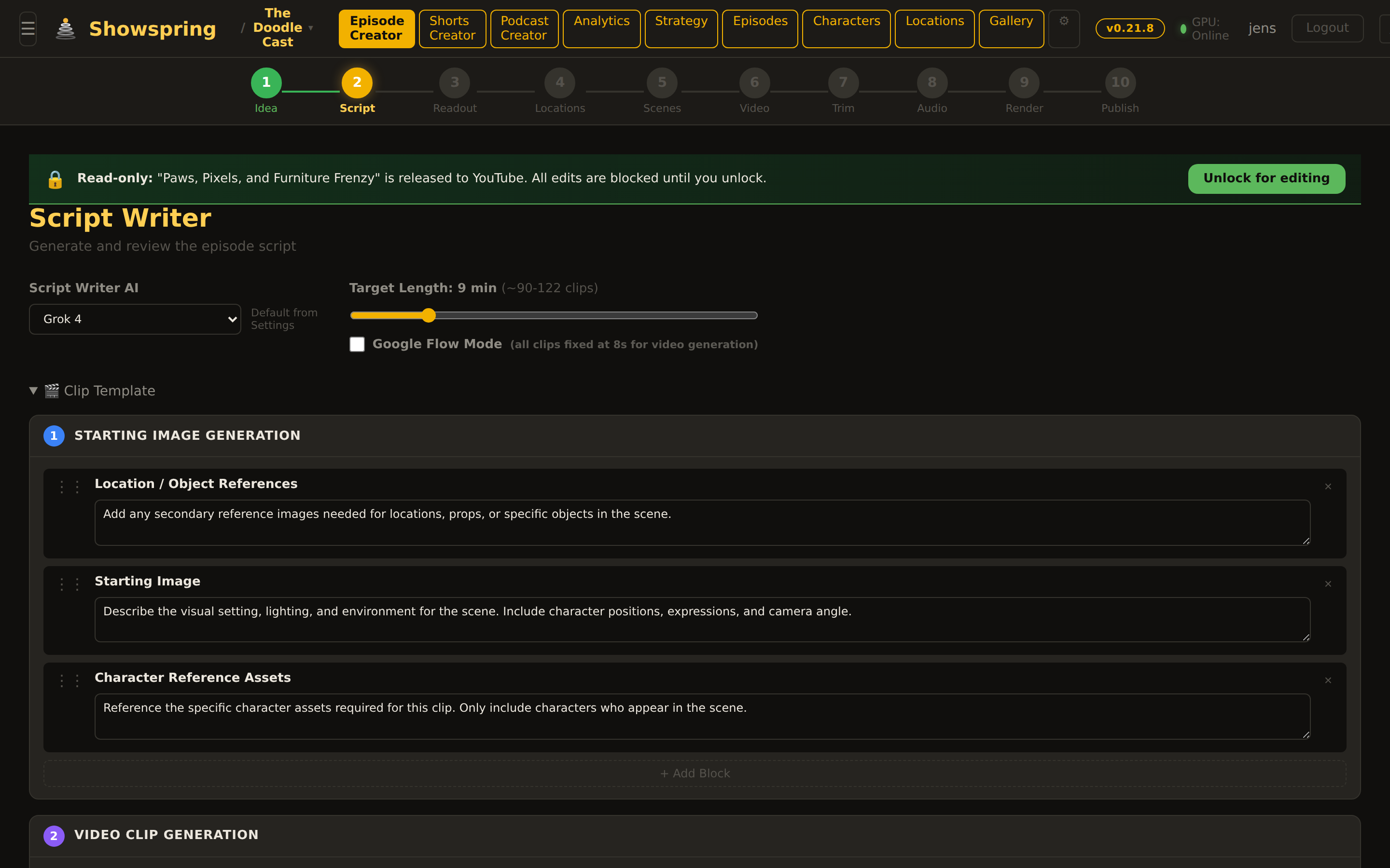Script Writer panel — Grok 4 writes bible-aware dialogue with per-clip template, target length slider, structured clip blocks