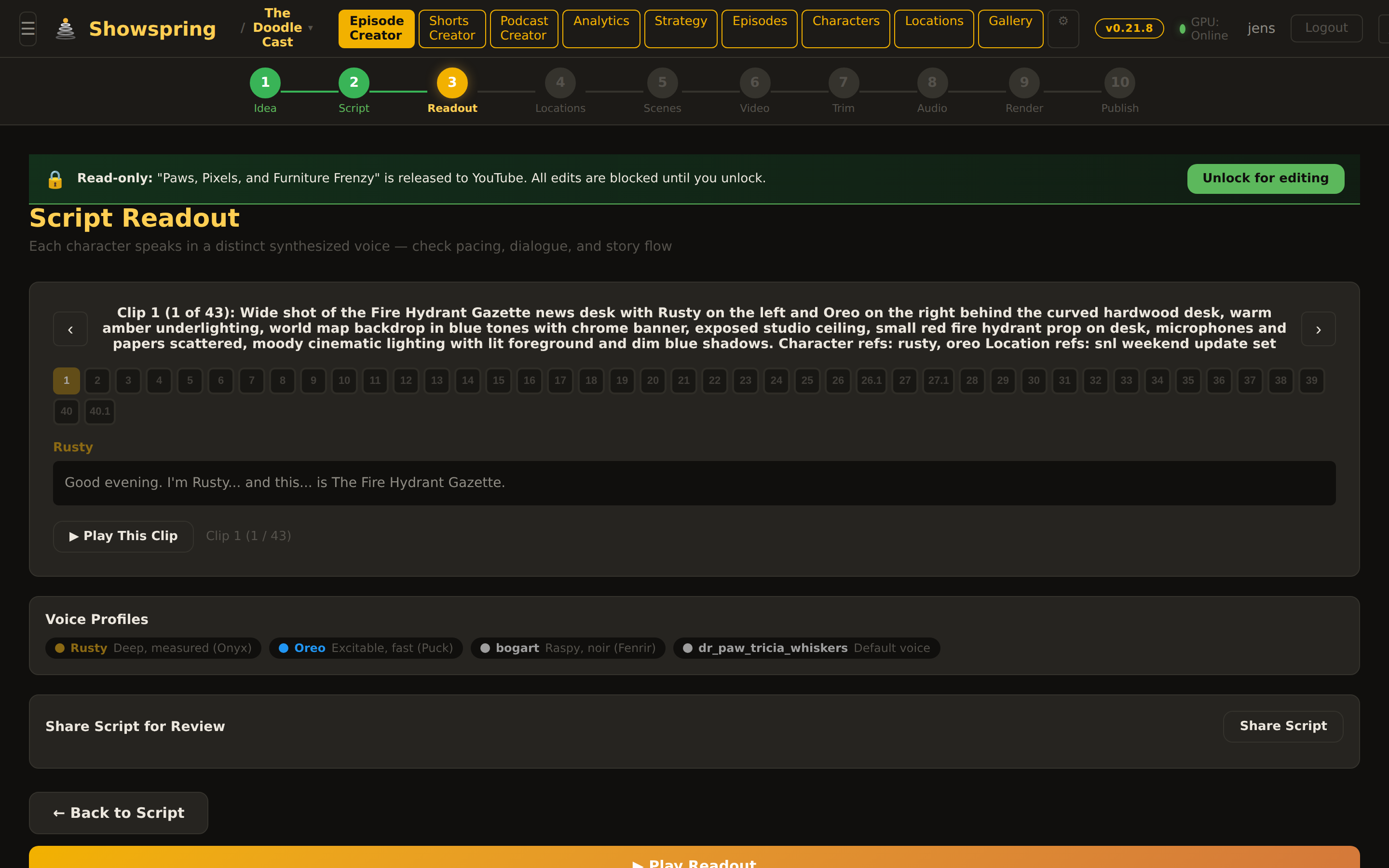 Voice readout panel showing a clip with scene description, dialogue line, clip navigation, and per-character voice profiles