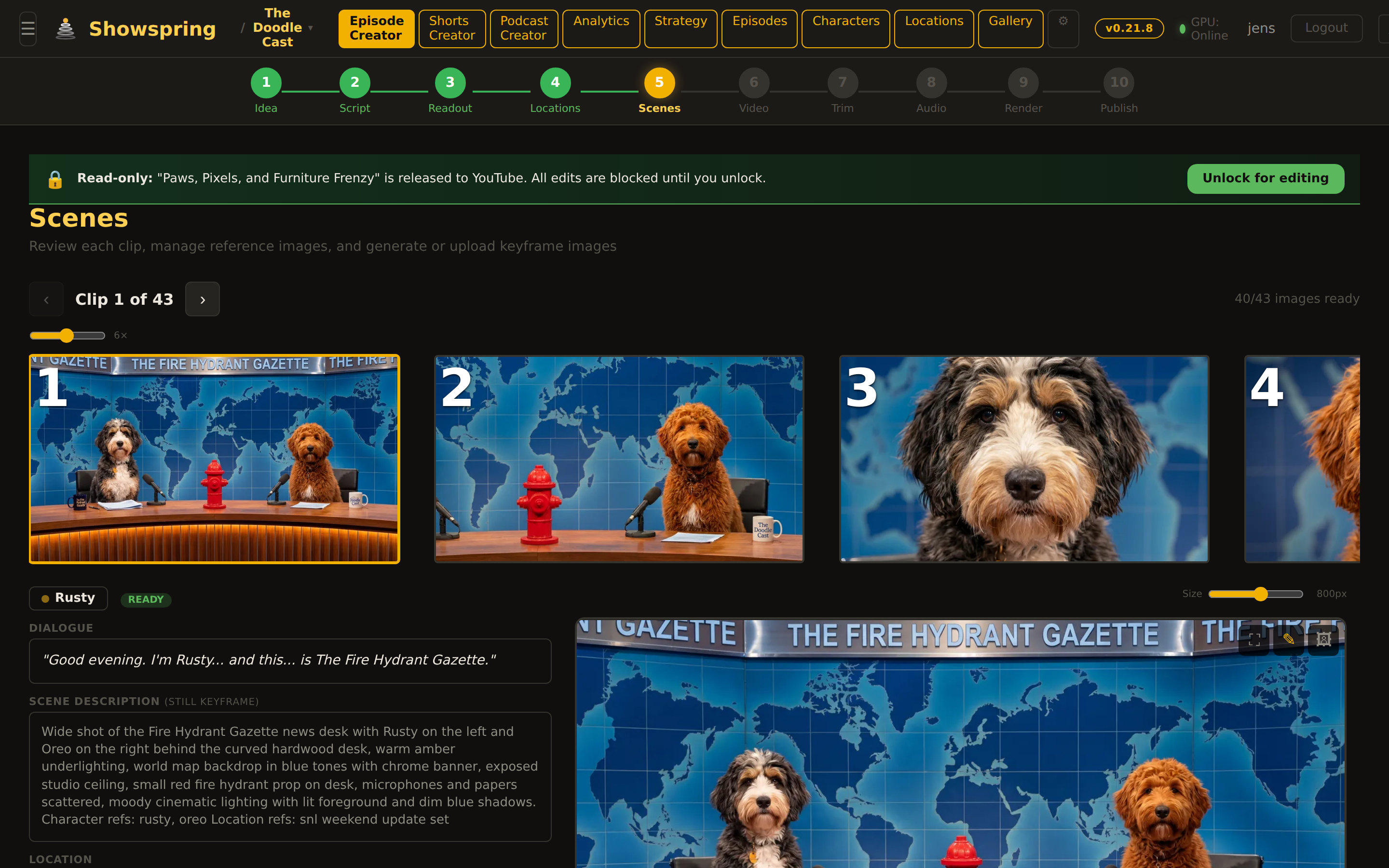 Scenes panel — grid of reference frames with character refs and dialogue previews, regenerate per clip