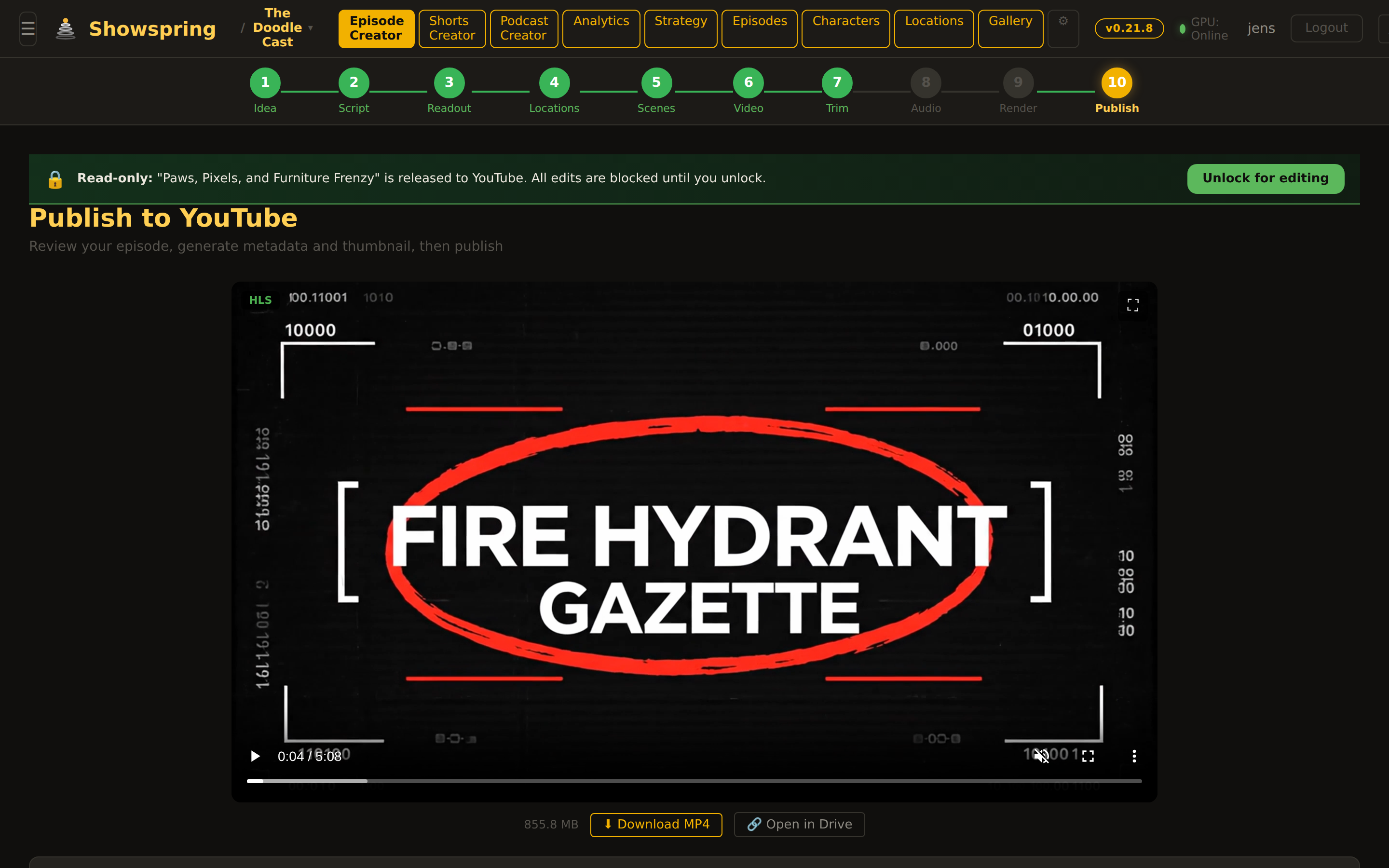 Publish to YouTube panel with HLS preview, download and Drive buttons, brand-account connection, and AI-generated metadata