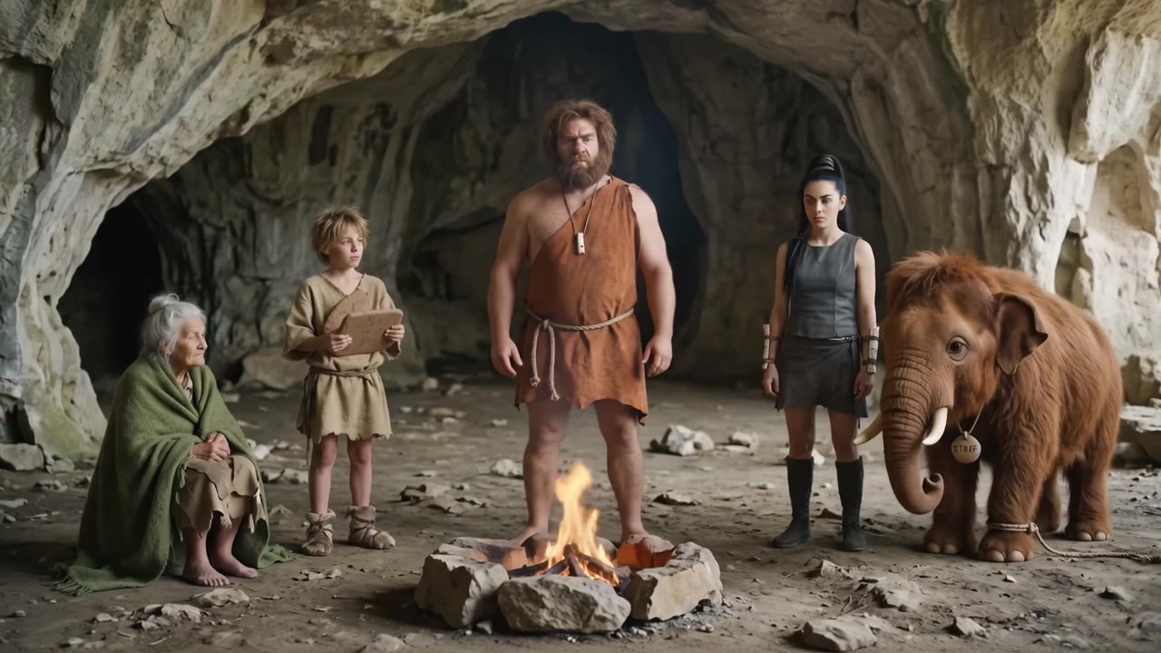 A Stone Age family and a baby mammoth around a cave fire, from Bedrock Bureau
