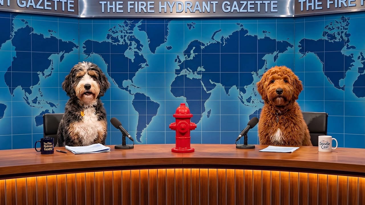 Rusty and Oreo at the Fire Hydrant Gazette news desk