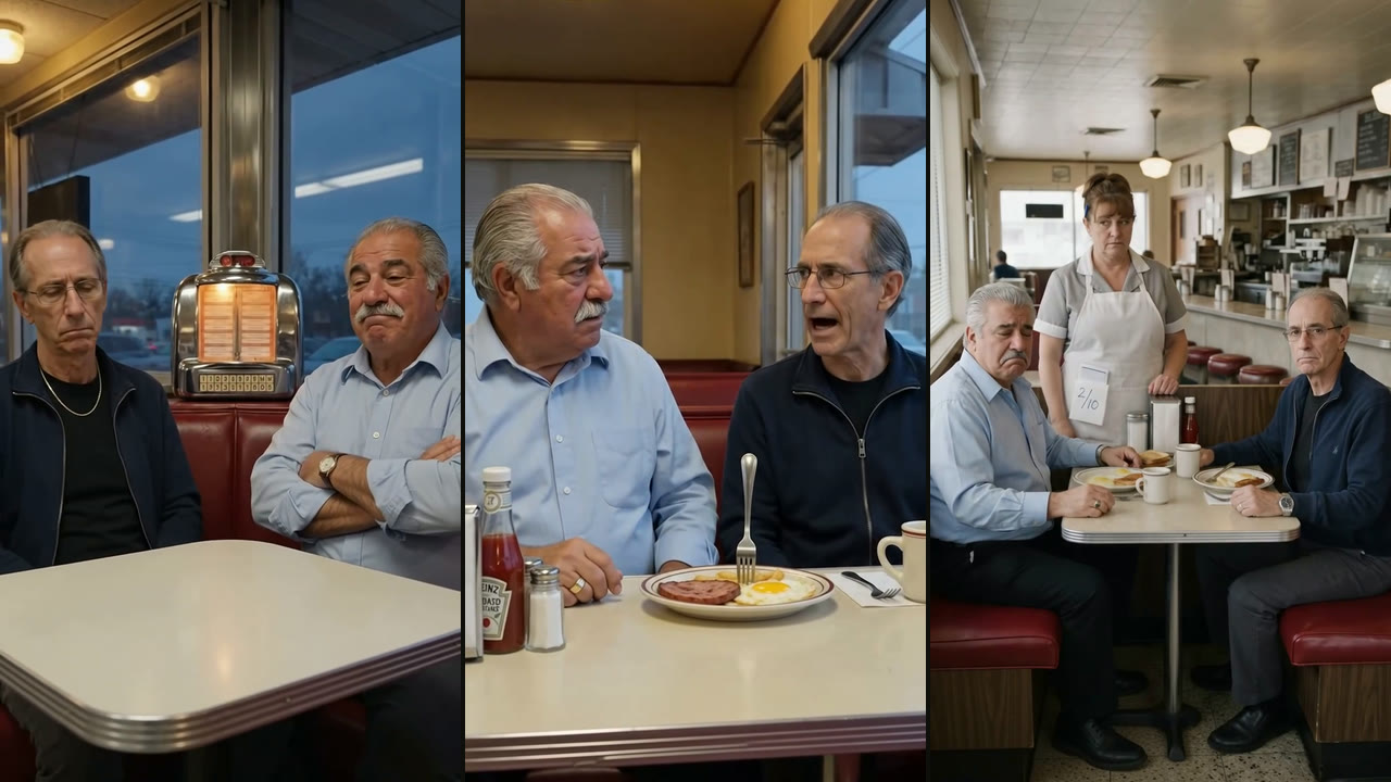 Sal and Vito in their diner booth, with the jukebox, a pork roll breakfast and Dottie