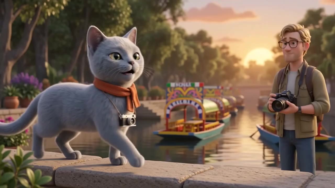 Mishka the cat and a photographer by the canal boats, from Mishka's World